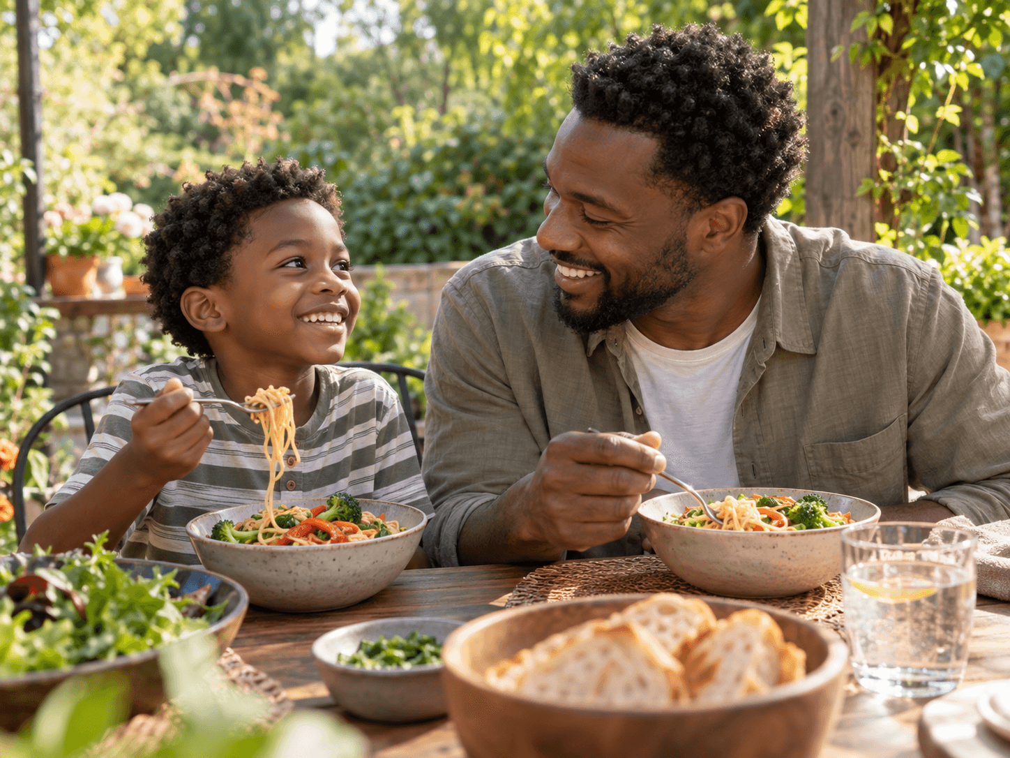 A Black father and son enjoying a meal together on a leafy garden terrace