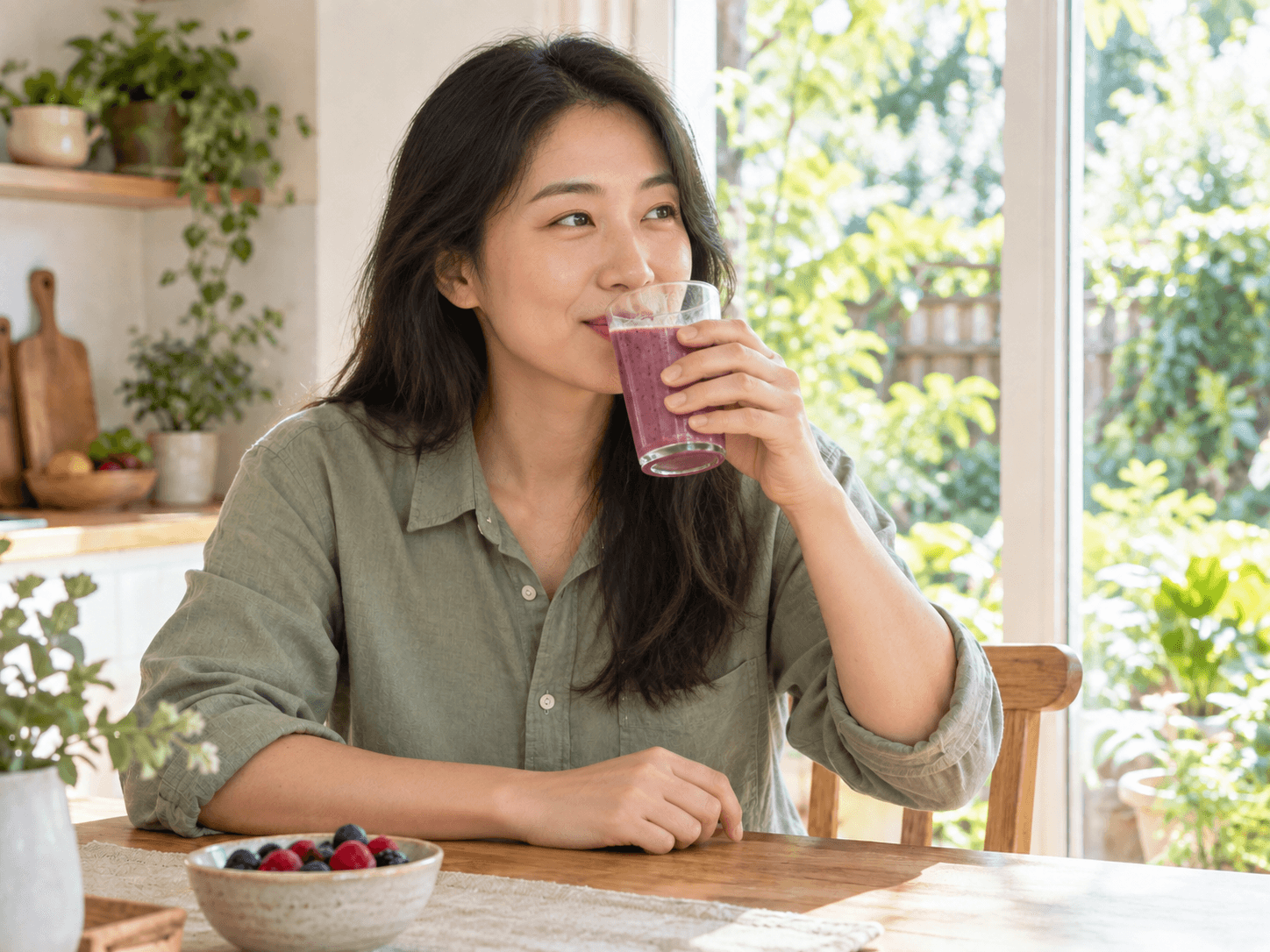 A young Asian woman enjoying a berry nutrition smoothie in a sunlit kitchen