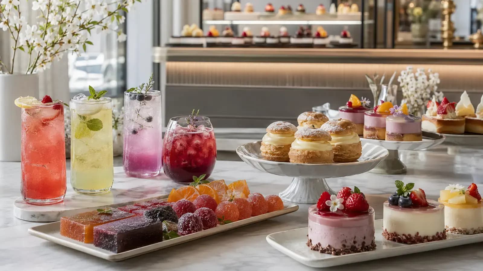 Colorful beverages, confectionery and desserts representing individual food colors