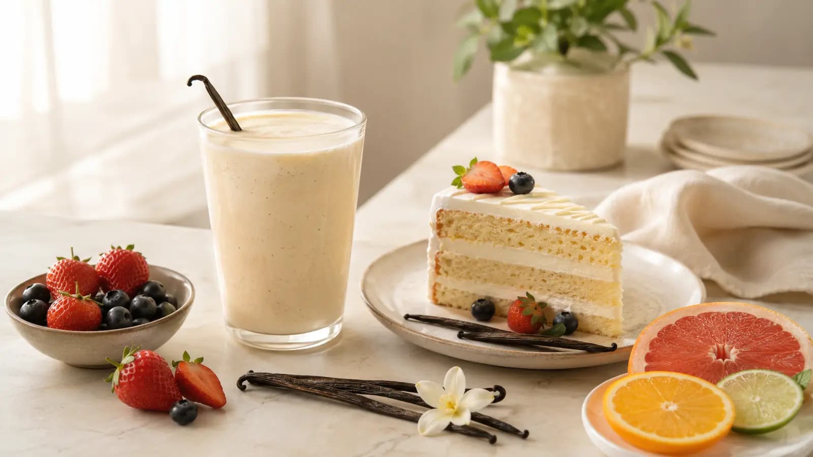Vanilla, fruit, bakery and beverage flavor applications on a bright food styling table