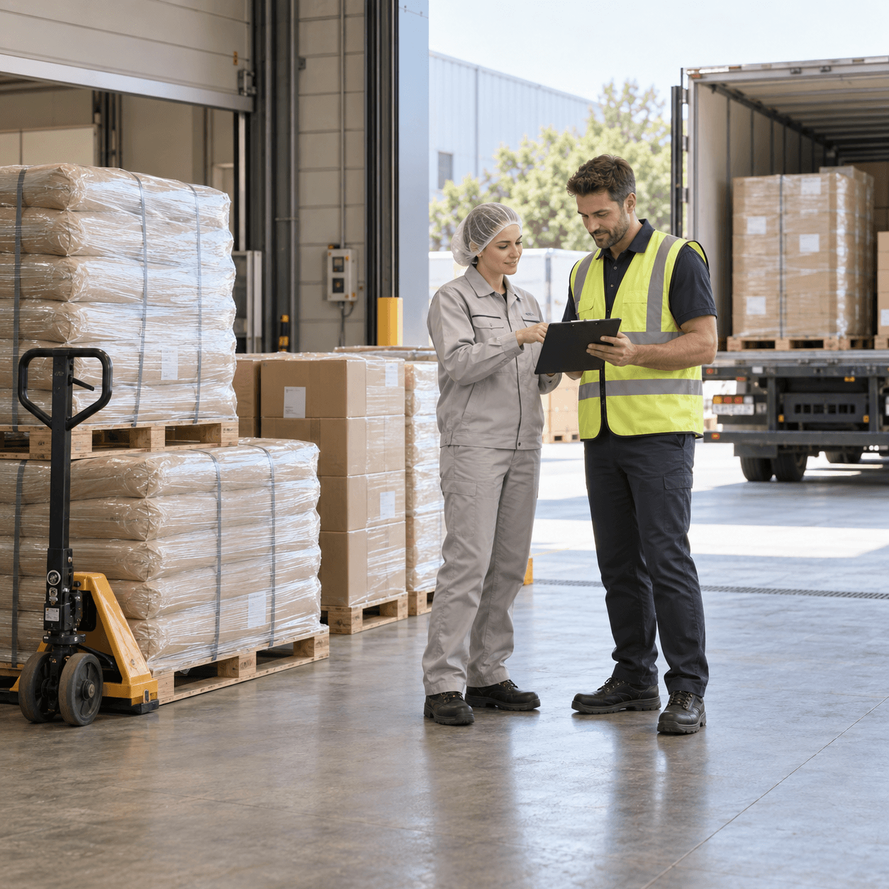 Illustrative manufacturer dispatch team reviewing a palletized food ingredient consignment at a loading bay