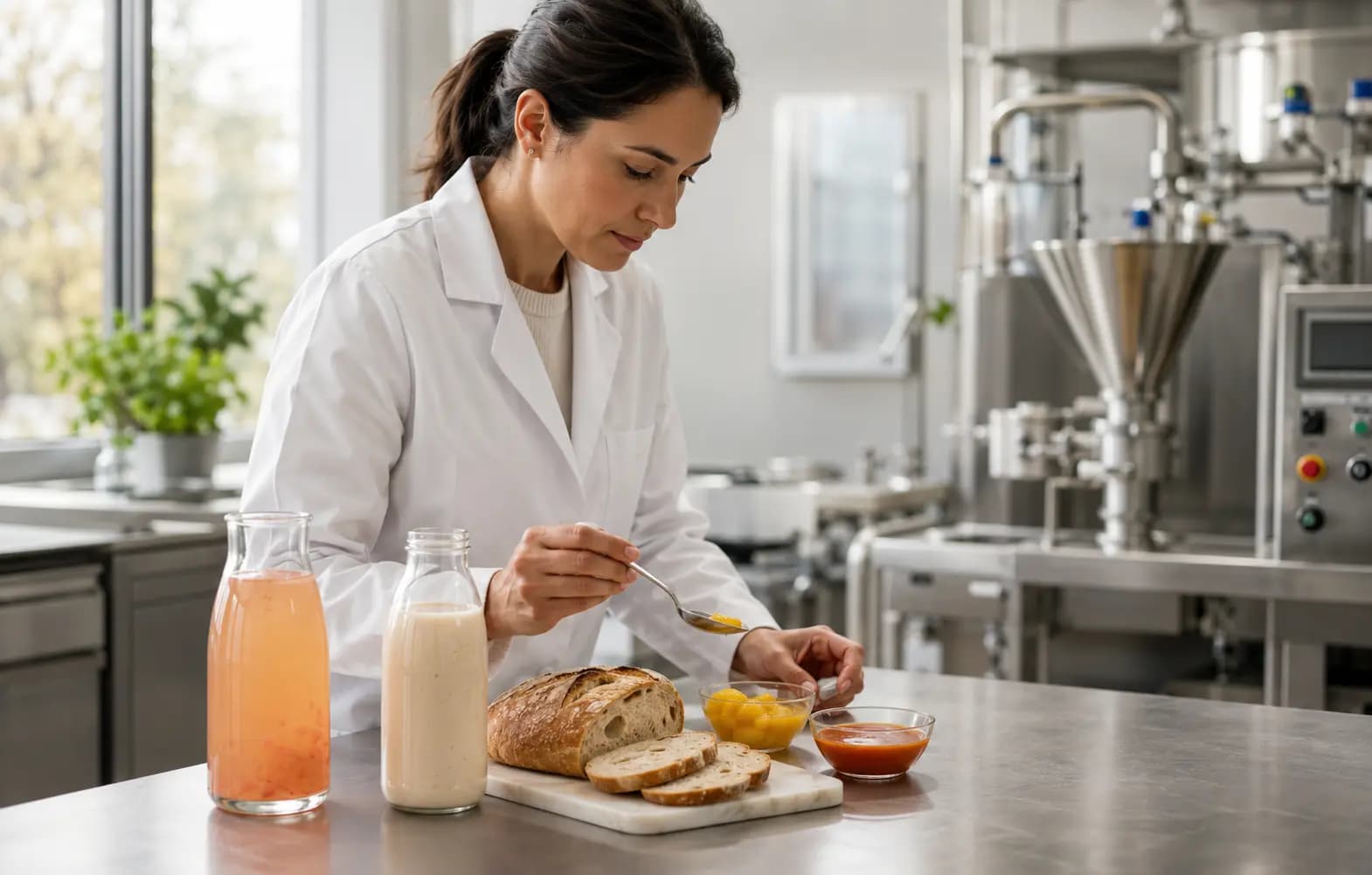 Food technologist evaluating finished beverage, bread, fruit preparation and sauce samples in a pilot food production room