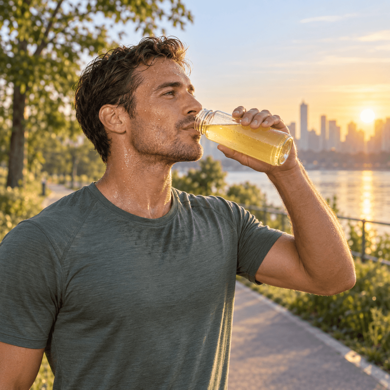 Illustrative scene of a runner with light perspiration drinking a bottled beverage in the morning sunshine
