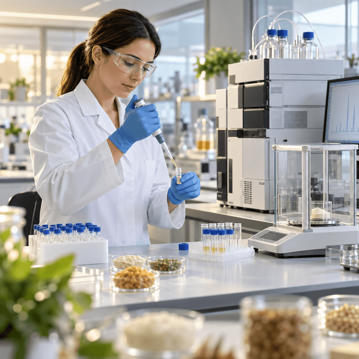 Illustrative professional food ingredient laboratory with an analyst preparing samples for testing