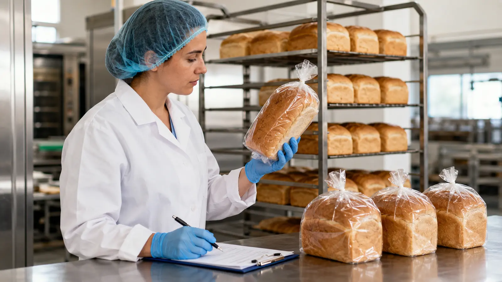 Bakery quality technician evaluating finished bread during a shelf-life trial