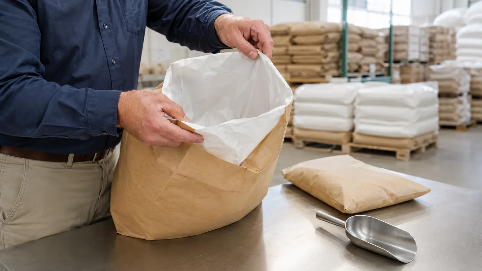 Food ingredient buyer inspecting the sealed liner and packing of a citric acid shipment