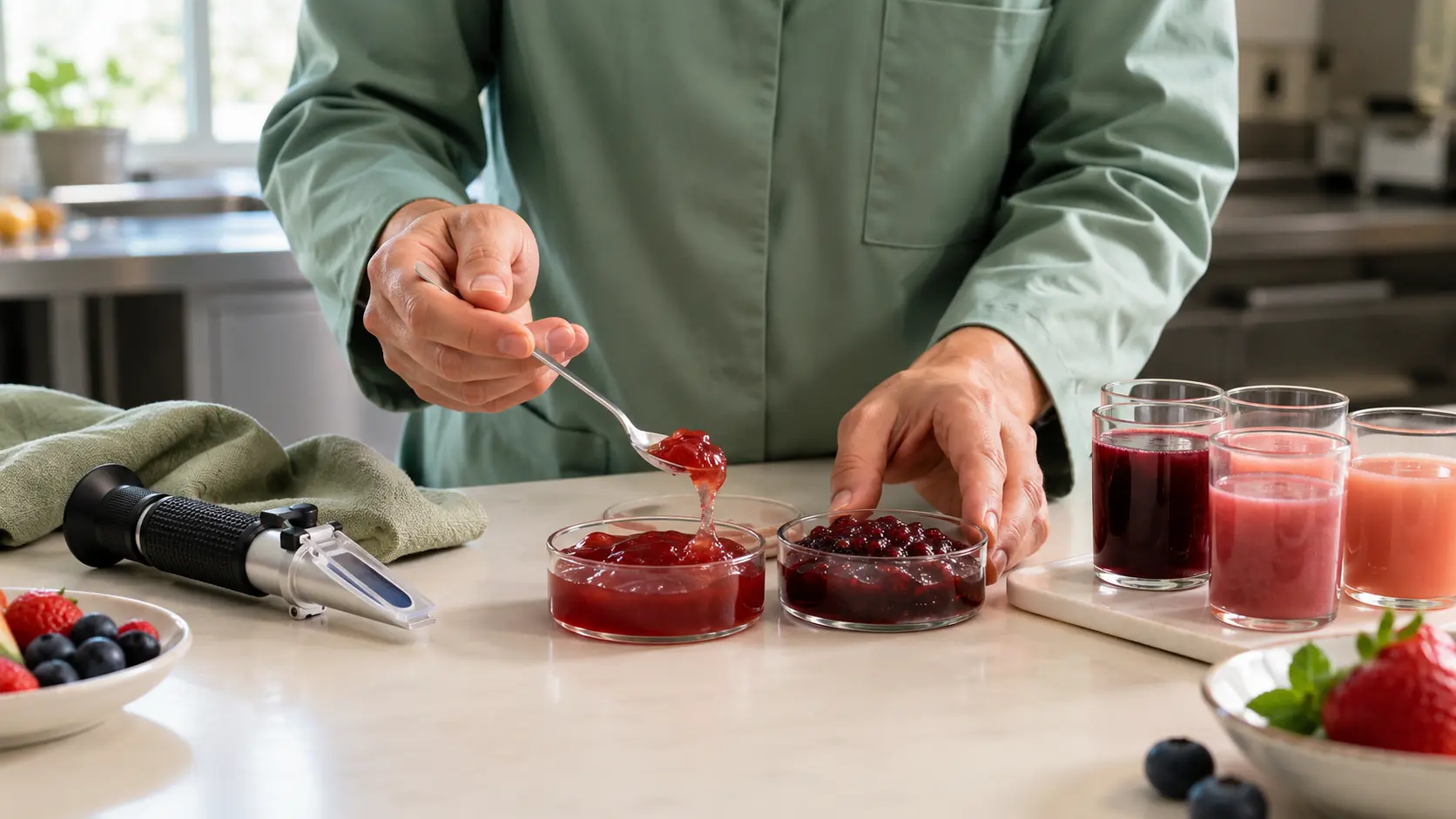 Food technologist comparing finished fruit gel and beverage samples during a pectin application trial
