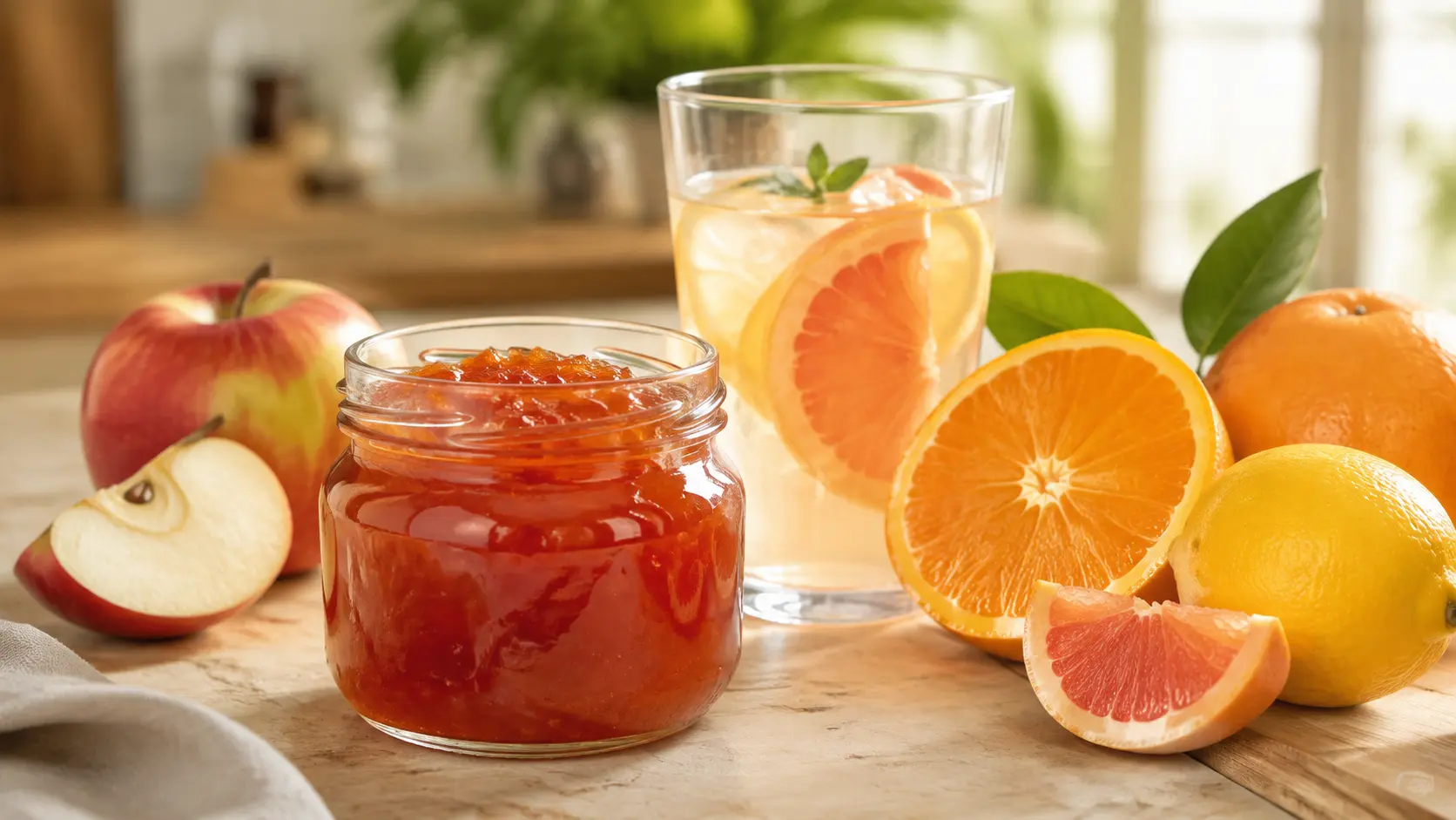 Fruit jam, clear fruit beverage and citrus fruit representing food-grade pectin applications