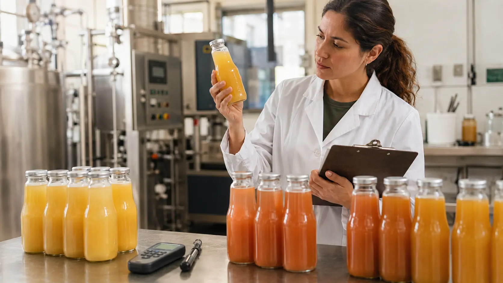 Beverage application specialist comparing sealed drink samples in a controlled shelf-life trial