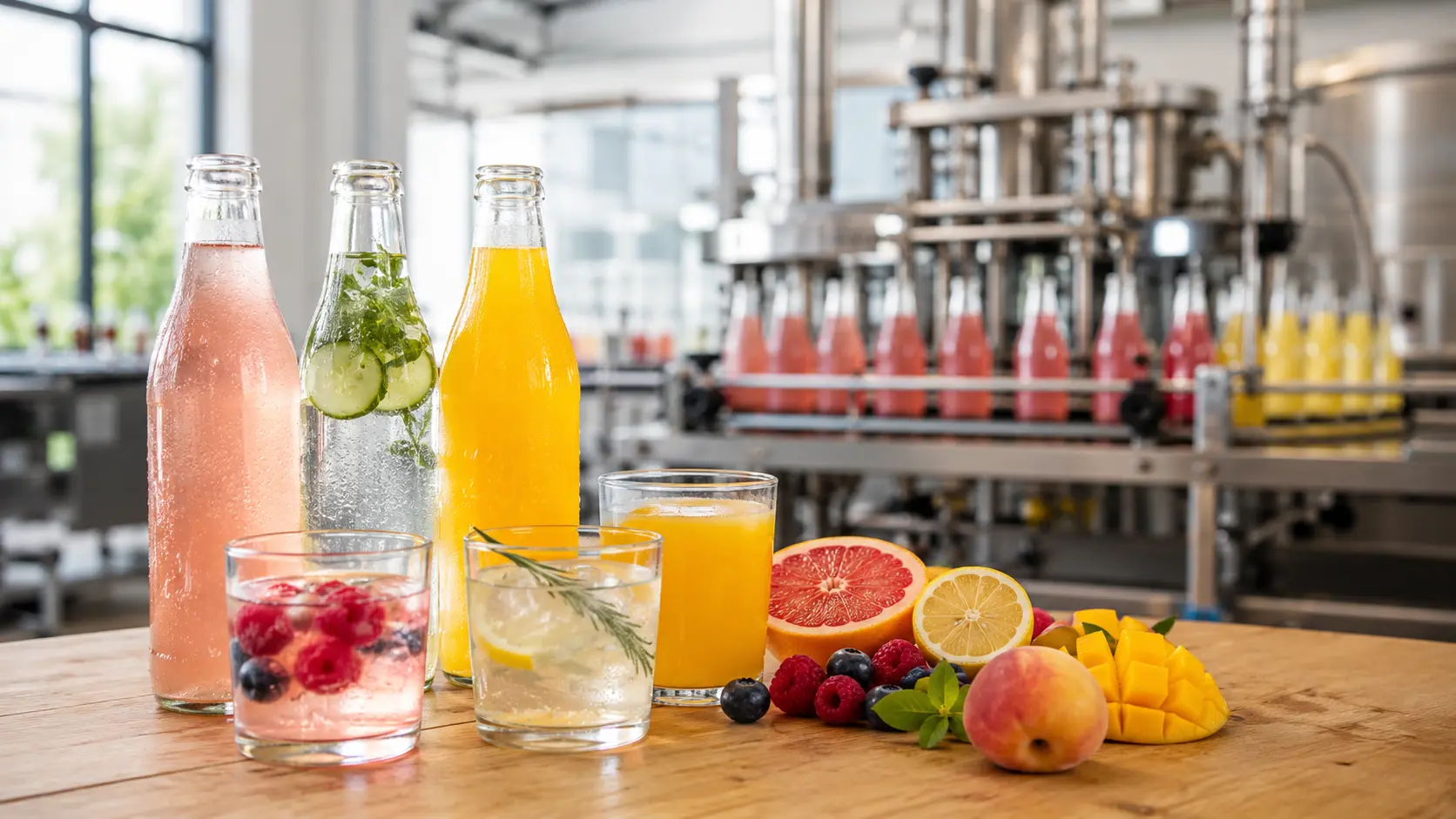 Finished fruit beverages and flavored water in a modern beverage production environment