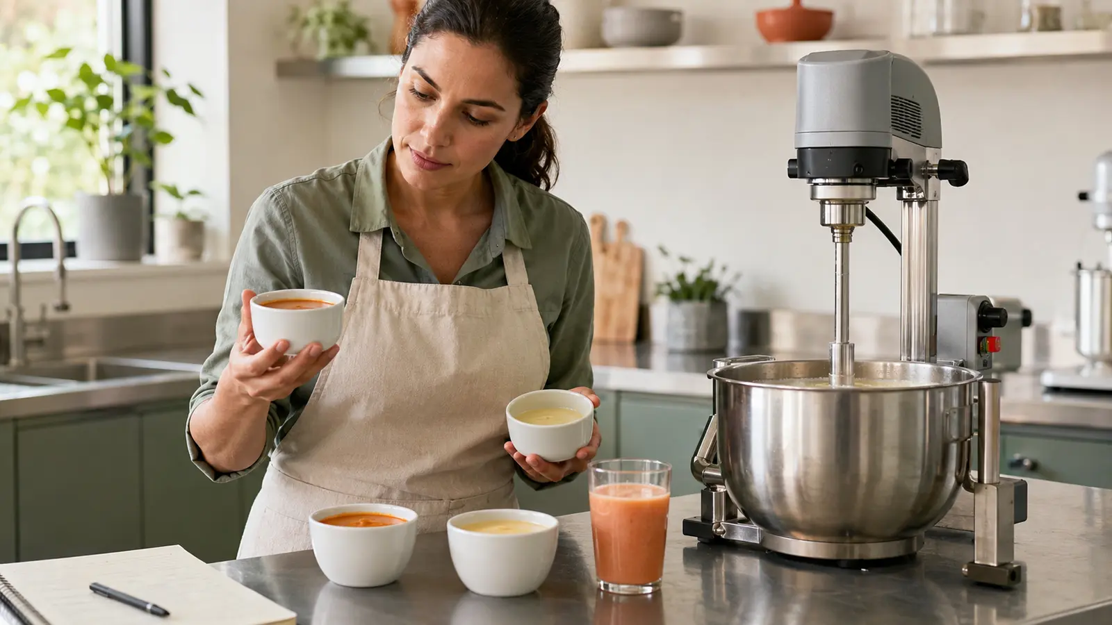 Food technologist comparing xanthan gum hydration and viscosity in sauce and beverage trials