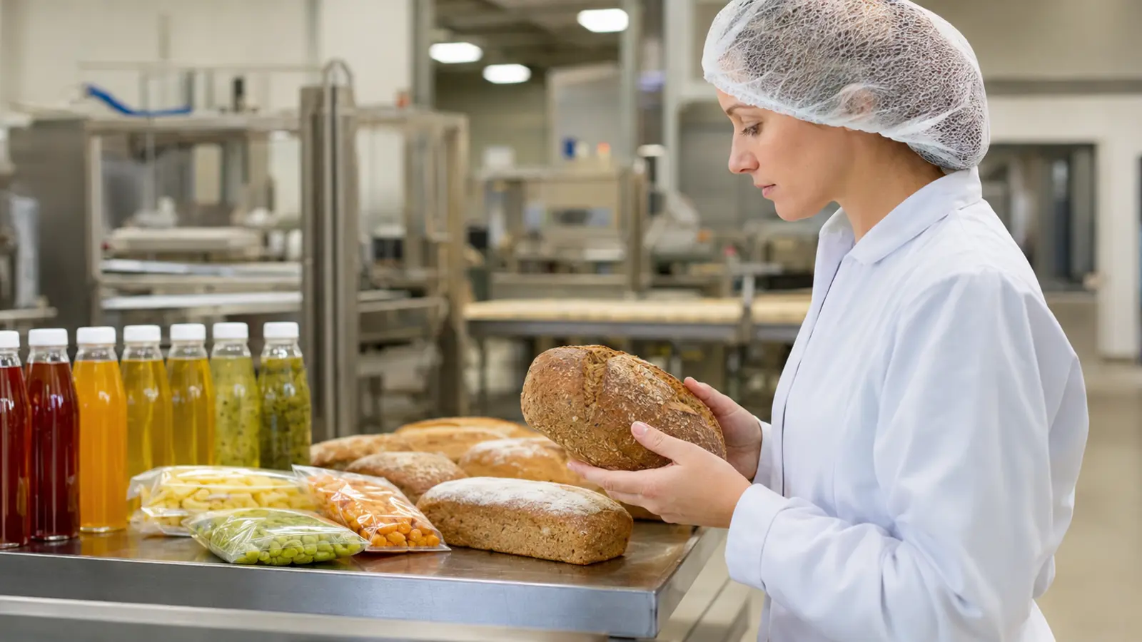 Food technologist checking finished bread and beverage samples in production