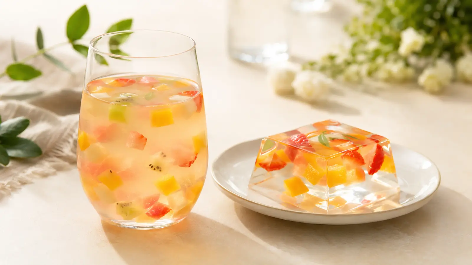 Suspended fruit beverage and clear jelly applications for gellan gum