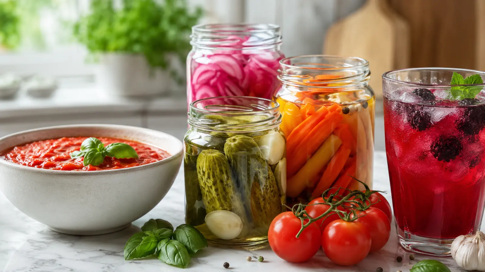 Acidic sauce, pickled vegetable and fruit drink applications for sodium benzoate
