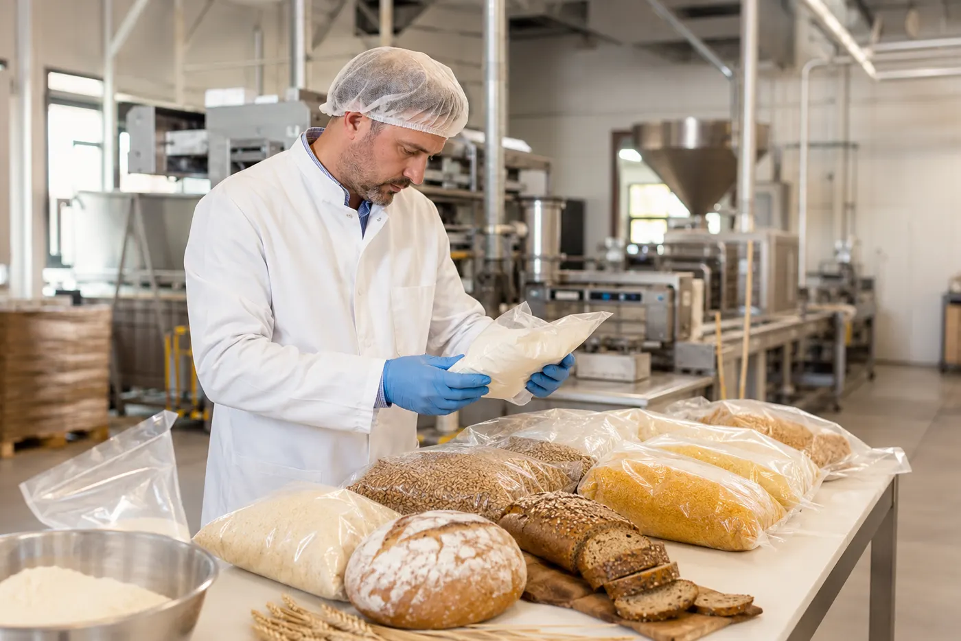 Food technologist inspecting food ingredients and bakery samples
